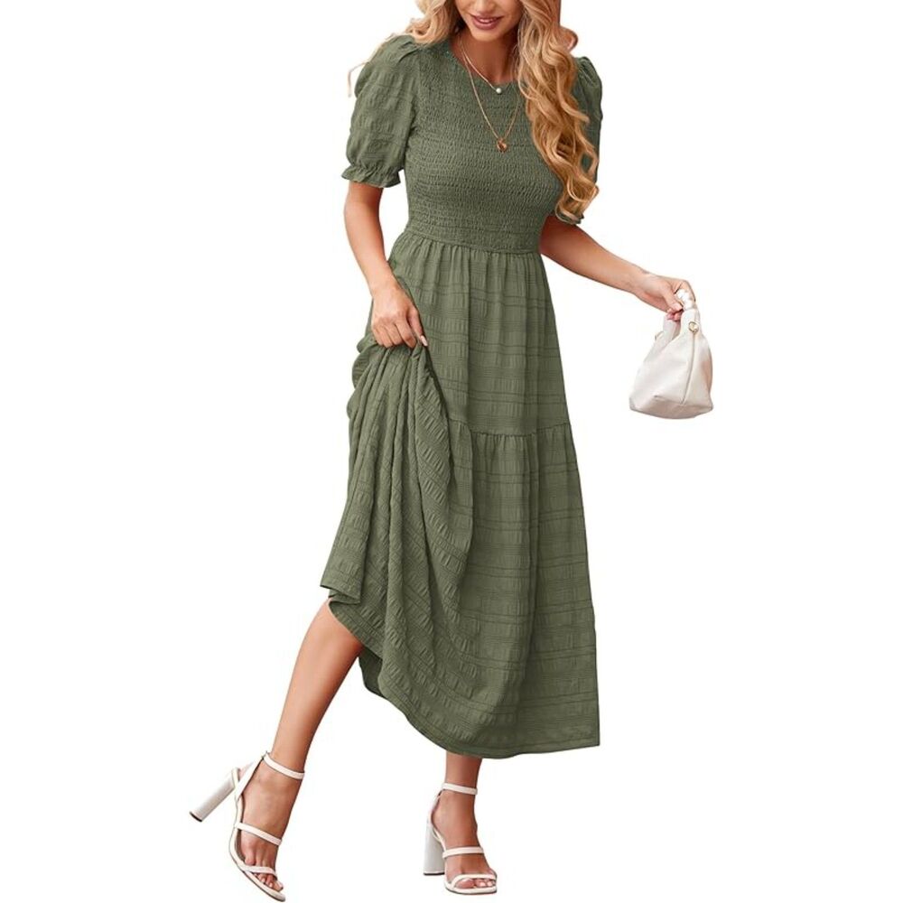 Women's Bean Green Polyester Crew Neck Short Sleeve A Line Casual Midi Dress